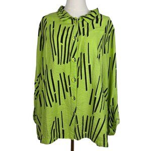 Ali Miles Tunic Top 2X Lime Green Button Front Black Stripes Lagenlook Artsy